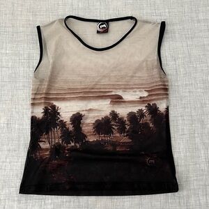 Vintage 90s Aaron Chang tropical palm tree mesh tank top